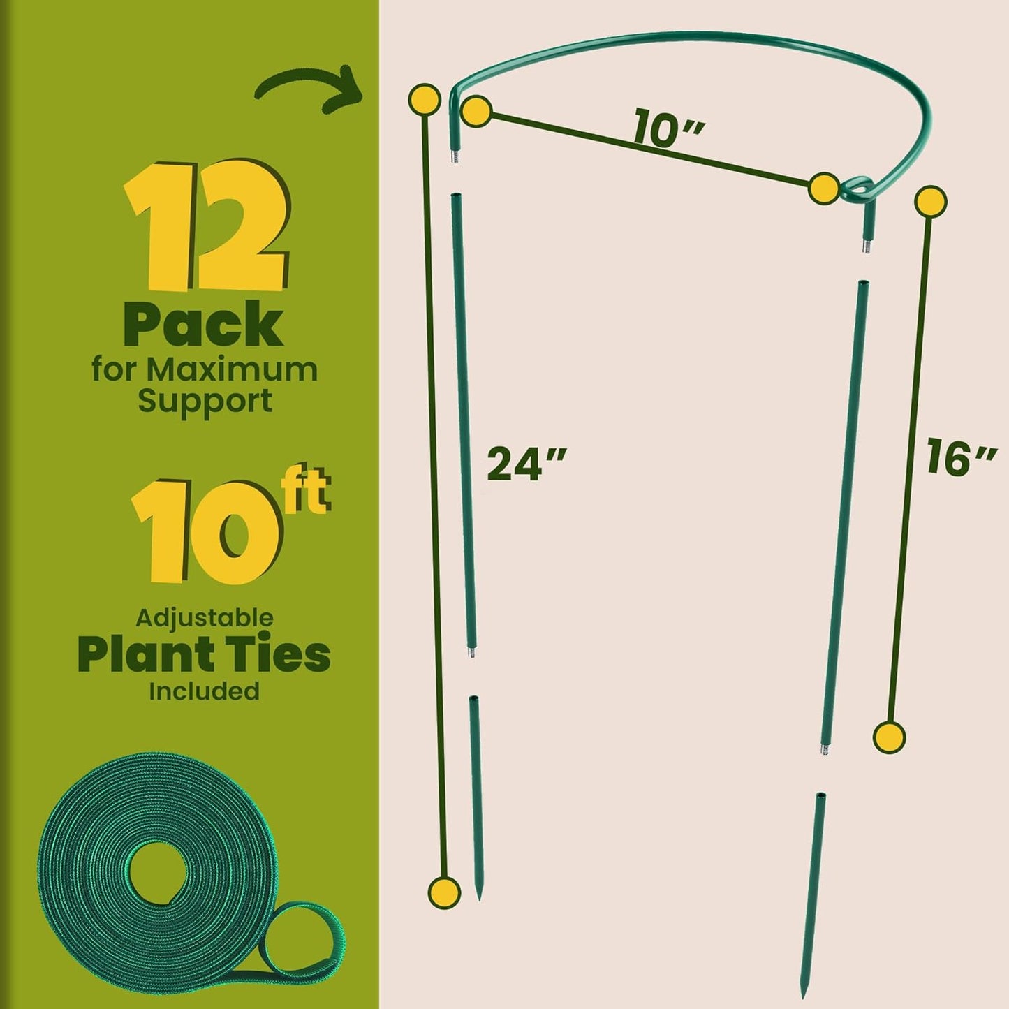 12 Pack Plant Support Stakes – Tall Plant Stakes for Indoor and Outdoor Gardens - Peony Cages and Supports - Cage Rings for Potted Flowers, Peony, Hydrangea, and Rose Bush (10" W x 16" - 24" H)
