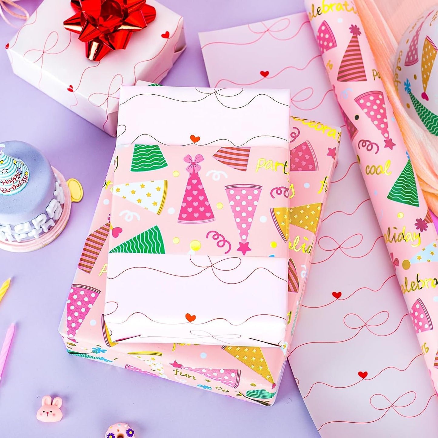 Yarcony Pink Birthday Wrapping Paper for Girl Women, Metallic Foil Girly Party Hat, Bow Design Happy Birthday Gift Wrap Paper for Kid Party, Baby Shower, Holiday (Mini Roll, 17 Inch X 33 Feet)