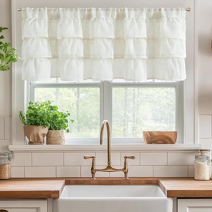 jinchan Ruffled Valance Curtain Slubbed Crossed Hatch Kitchen Valance - Image 2