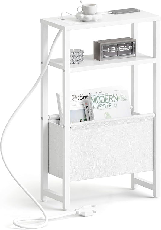 Narrow Side Table with Charging Station Slim End Table Sofa with Magazine Rack by IRCPEN