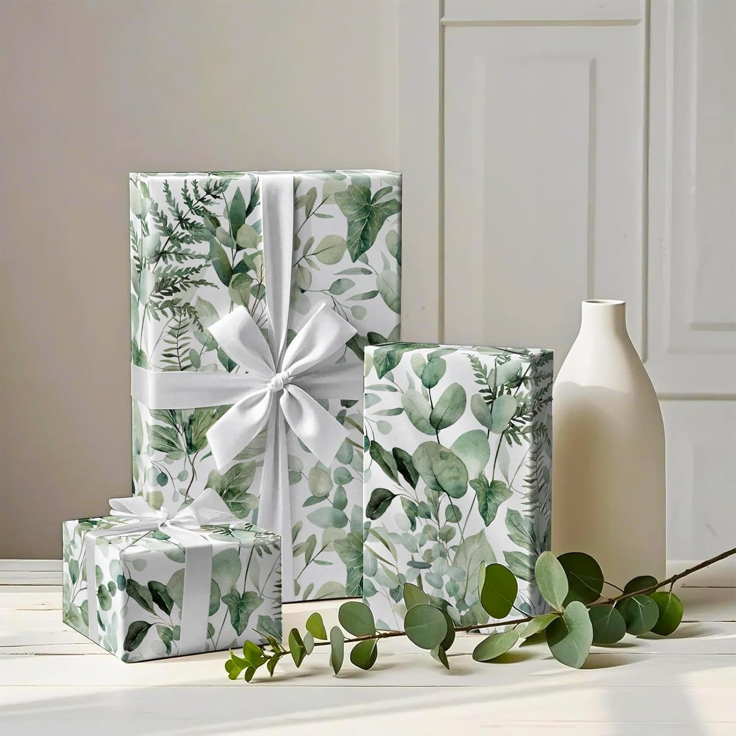 WRAPAHOLIC Eucalyptus Leaves Wrapping Paper Roll - Mini Roll - 17 Inch x 9.8 Feet - Greenery Wrapping Paper Perfect for Birthday, Wedding, Bridal Shower