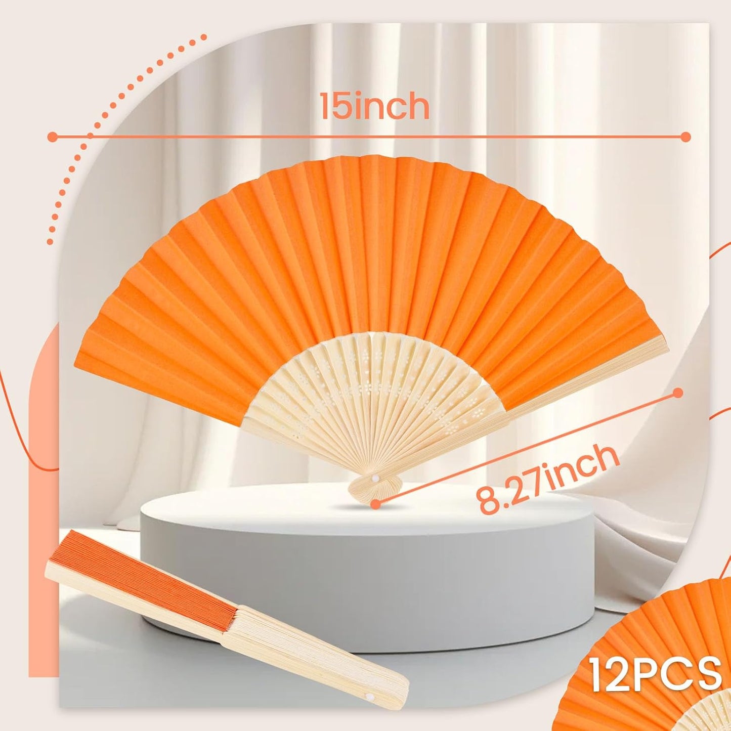 JOHOUSE 12 Packs Paper Folding Hand Fans, 8.3 Inch Orange Paper Fans Handheld Decorative Accessories for Wedding, Outdoor Party Favors, Bridal Shower DIY Decoration Photography Props