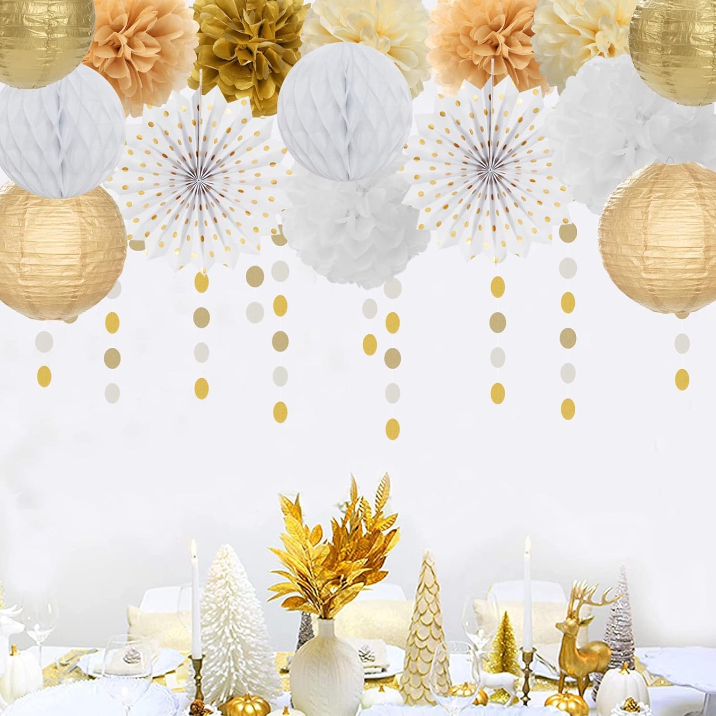 White Gold Party Decorations Streamers - 14pcs Christmas Wedding Engagement Paper Lanterns Fan,Tissue Pom Poms,Honeycomb Balls,Bachelorette Neutral Birthday Baby Bridal Shower Decor Lasting Surprise