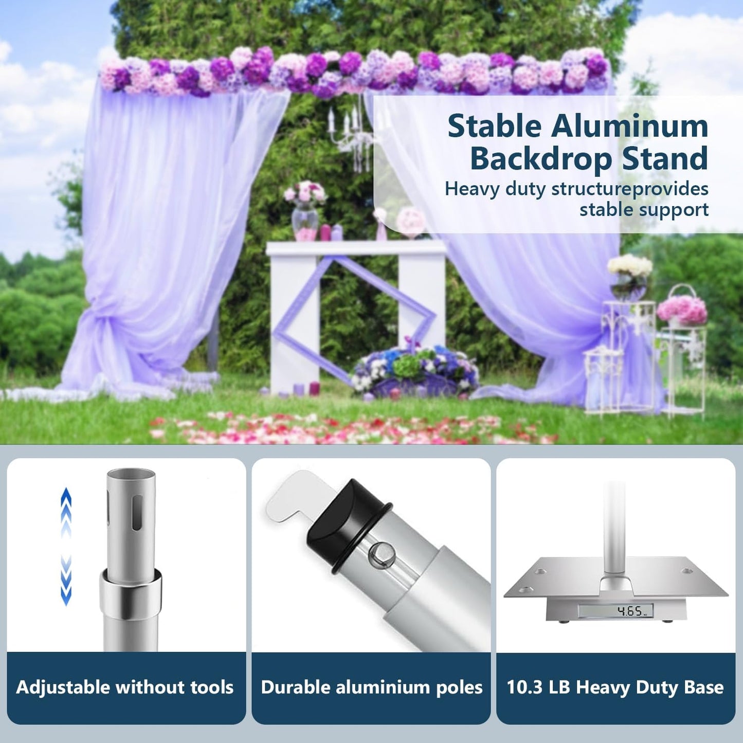 SLOW DOLPHIN 10x 8.6ft Pipe and Drap Backdrop Stand Kit,Heavy Duty Adjustable Frame Backdrop Stand for Event, Birthday Party, displays and Wedding Decoration