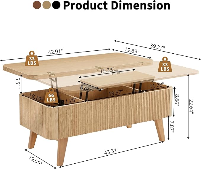 3 in 1 Lift Top Coffee Table, Fluted Convertible Coffee Tables Converts to - Image 2
