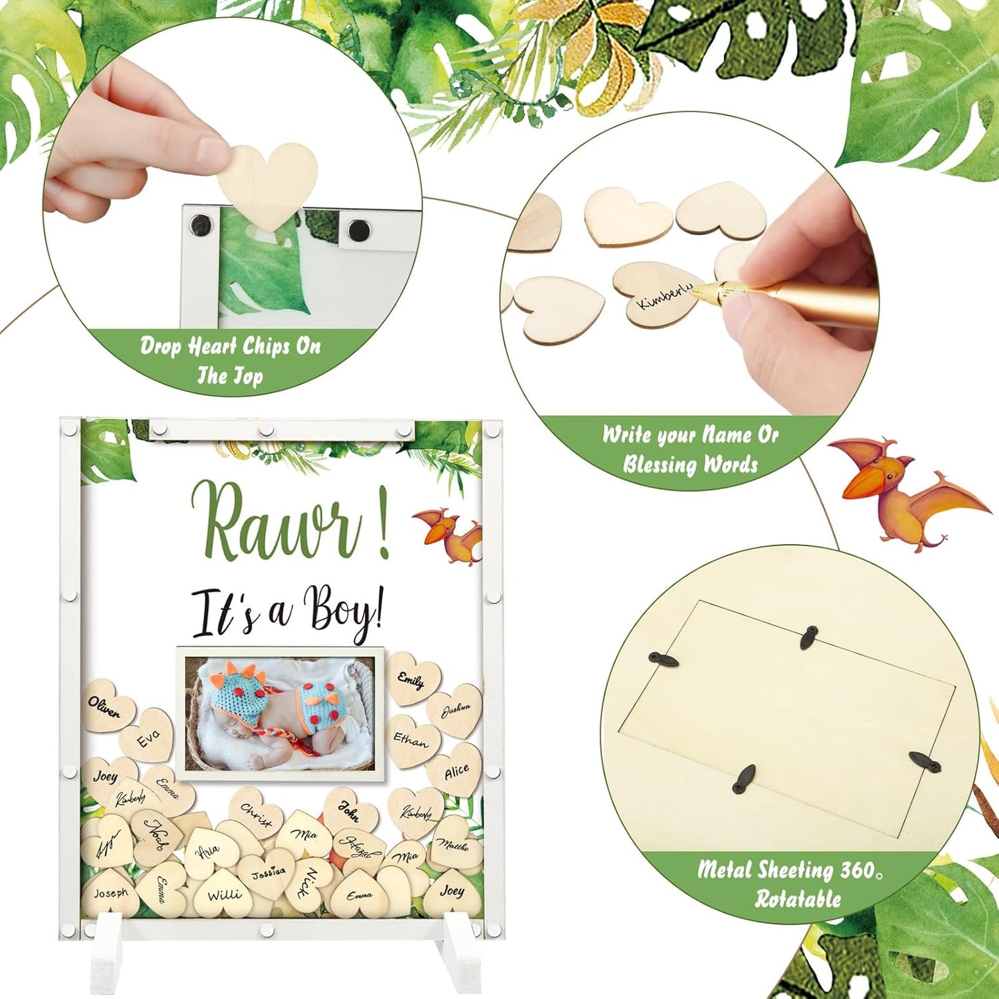 65 Pcs Dinosaur Baby Shower Guest Book Alternatives He or She Gender Reveal Baby Shower Decorations Sign in Guest Book with Picture Frame and 60 Wooden Chip