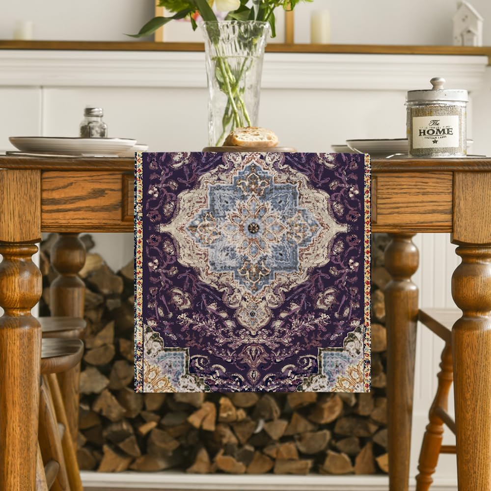 Artoid Mode Boho Bohemia Style Purple Table Runner, Country Rustic Farmhouse Magical Mardi Gras Kitchen Dining Table Decoration for Home Party Decor 13x72 Inch