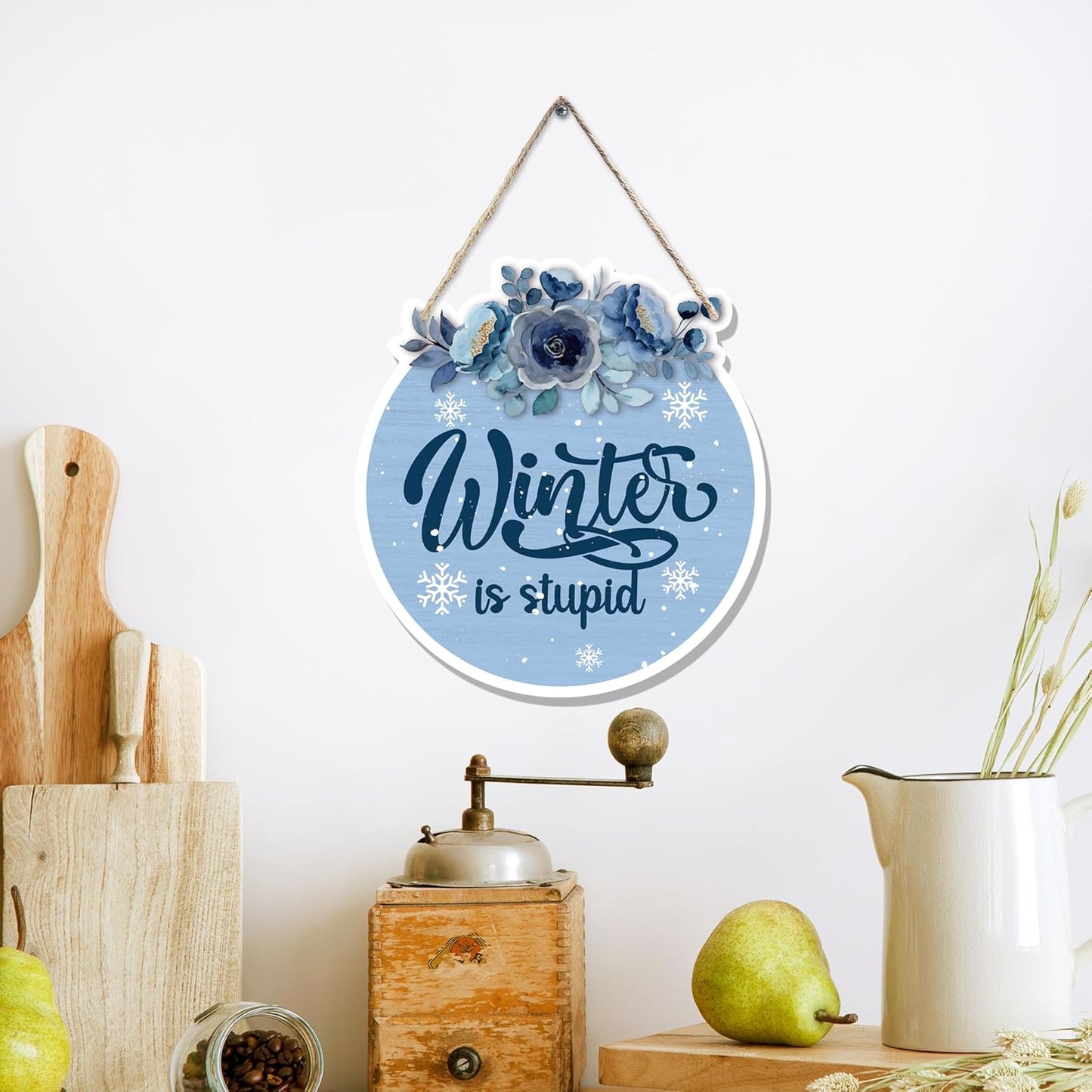 CGBHW Funny Navy Blue Winter Christmas Wooden Sign, Winter Snowflake Snowy Dusty Blue Flowers Decoration Hanging Sign Wall Decor, Christmas Seasonal Holidays Wooden Signs for Home Door Decor 12 x 12 Inch