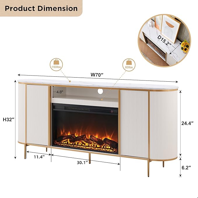 OKD Luxury 70" Fluted Fireplace TV Stand, Modern Chic Entertainment Center - Image 6