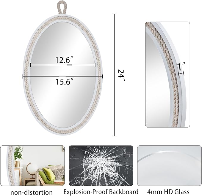 Oval Mirrors for Wall Decor Small White Nautical Rope Mirror Hanging Decorative - Image 4