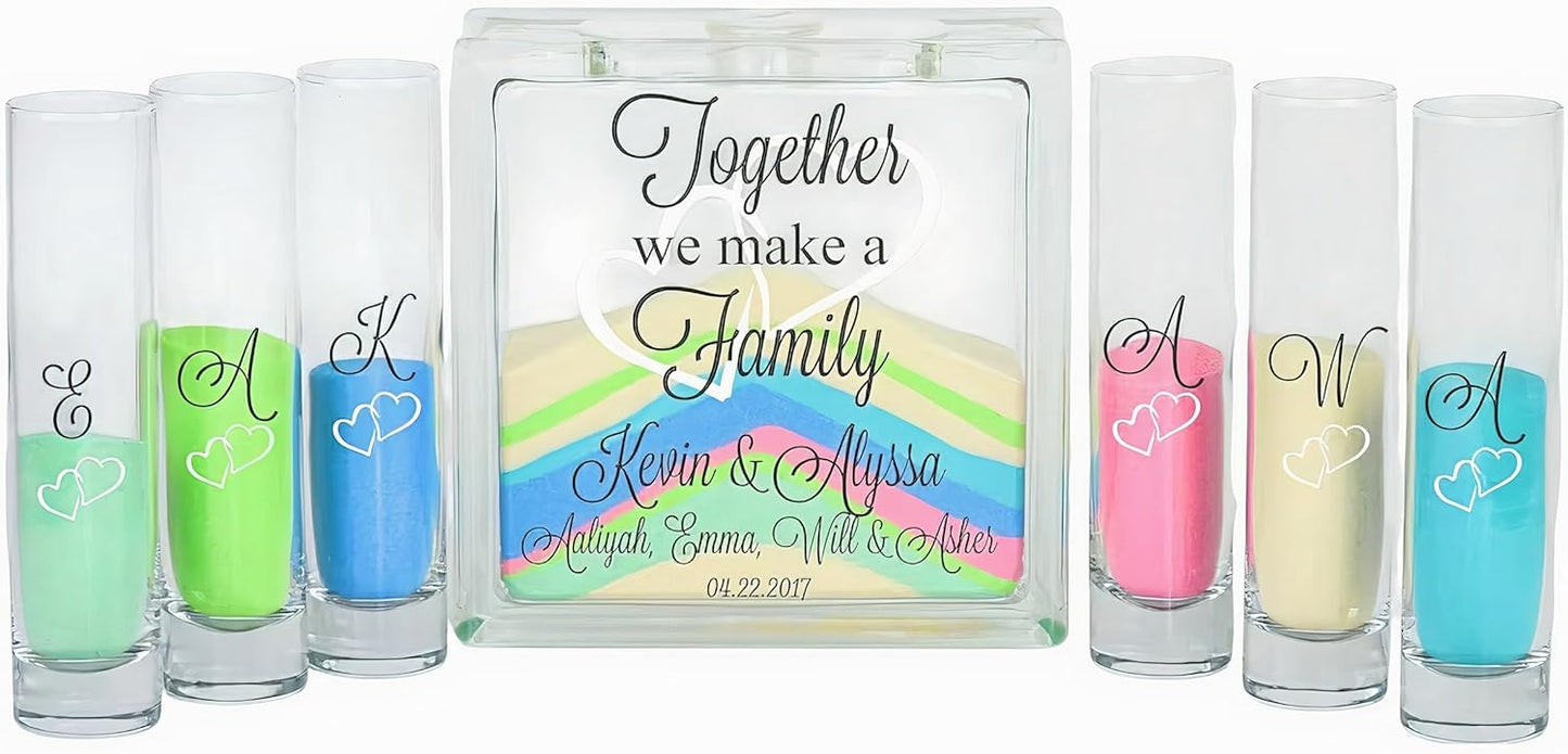 Glass Unity Sand Set for Weddings w LID, Sand, Ink Printed - Personalized Blended Family Wedding Sand Ceremony, Together We Make a Family, Unity Candle Alternative, Sand Wedding Ceremony Kit Blended