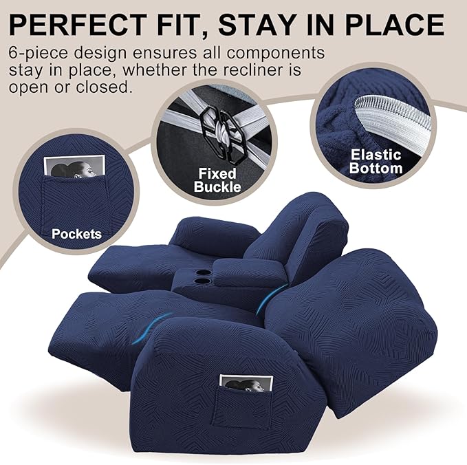 Recliner Loveseat Covers with Console, 6-Piece Stretch Geometric Strokes - Image 4