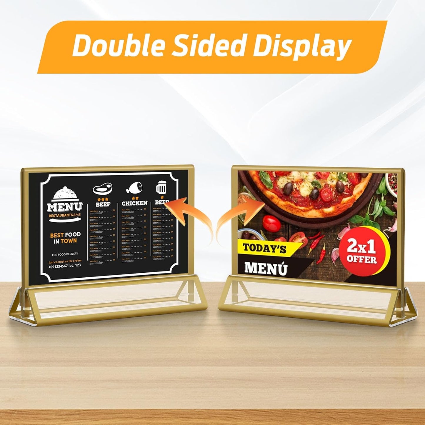 Smarpau 6x4 Gold Acrylic Sign Holder, 8 Pack Wedding Table Number Holders with Horizontal Stand, Double Sided Photo Picture Frames Stands, Flyer Stand, Paper Display Stand for Cafe, Restaurant