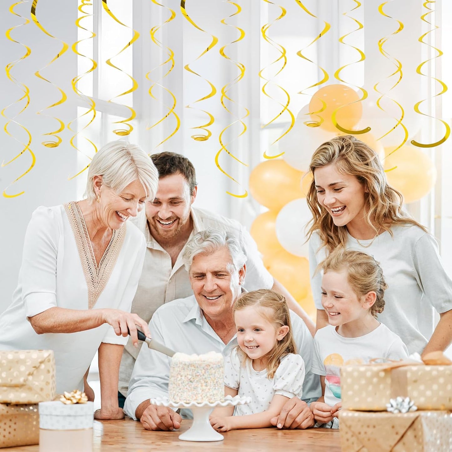 24 PCS Gold Foil Hanging Swirl, Sparkle Ceiling Hanging Decorations, Plastic Streamer Party Decorations, Swirl Decorations with Double-Swirls and Single-Swirls for Birthday, Baby Shower, Christmas