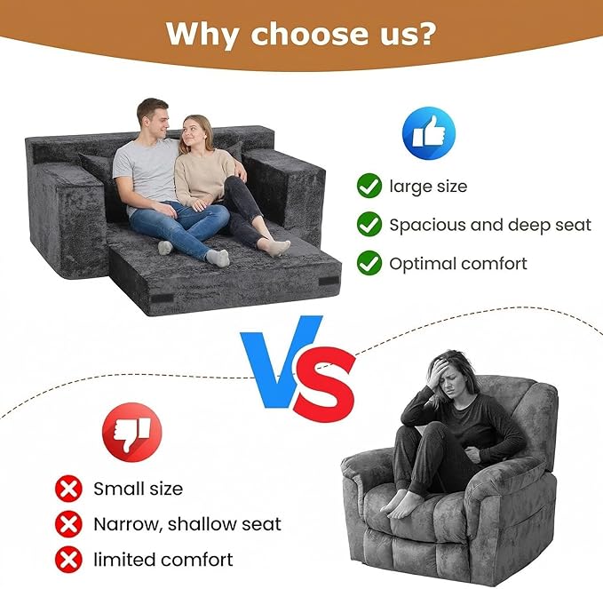 Loveseat Sofa Bed, Convertible Silky Velvet 5-in-1 Foldable Boneless Sleeper - Image 6