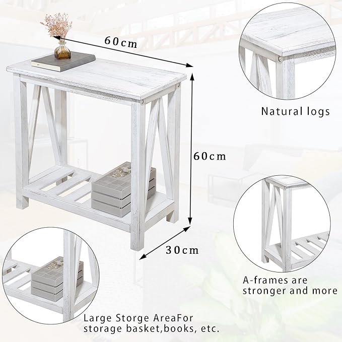 Farmhouse Narrow End Table Wooden Rustic White Side Tables - Image 3