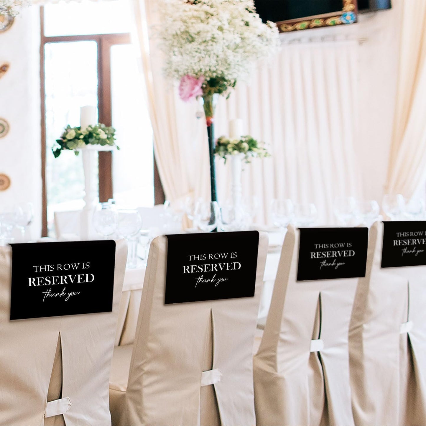 Reserved Seating Chair Signs, This Row Is Reserved Pew Cloths Seating Placeholder for Church Pews, Wedding Decorations for Reception Parties Celebrations Event Meetings (Black, 4 PCS)