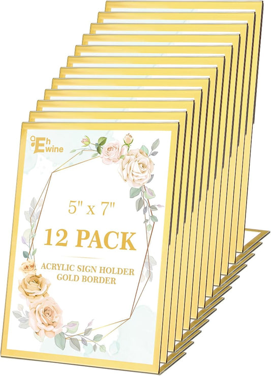 EHWINE 12 Pack 5 x 7 Acrylic Sign Holder, Clear Plastic Signs Display Stand, Gold Slanted Back Paper Holder Stand up Table Top Sign Holders Flyer Stand Frames Suitable for Office Business Store