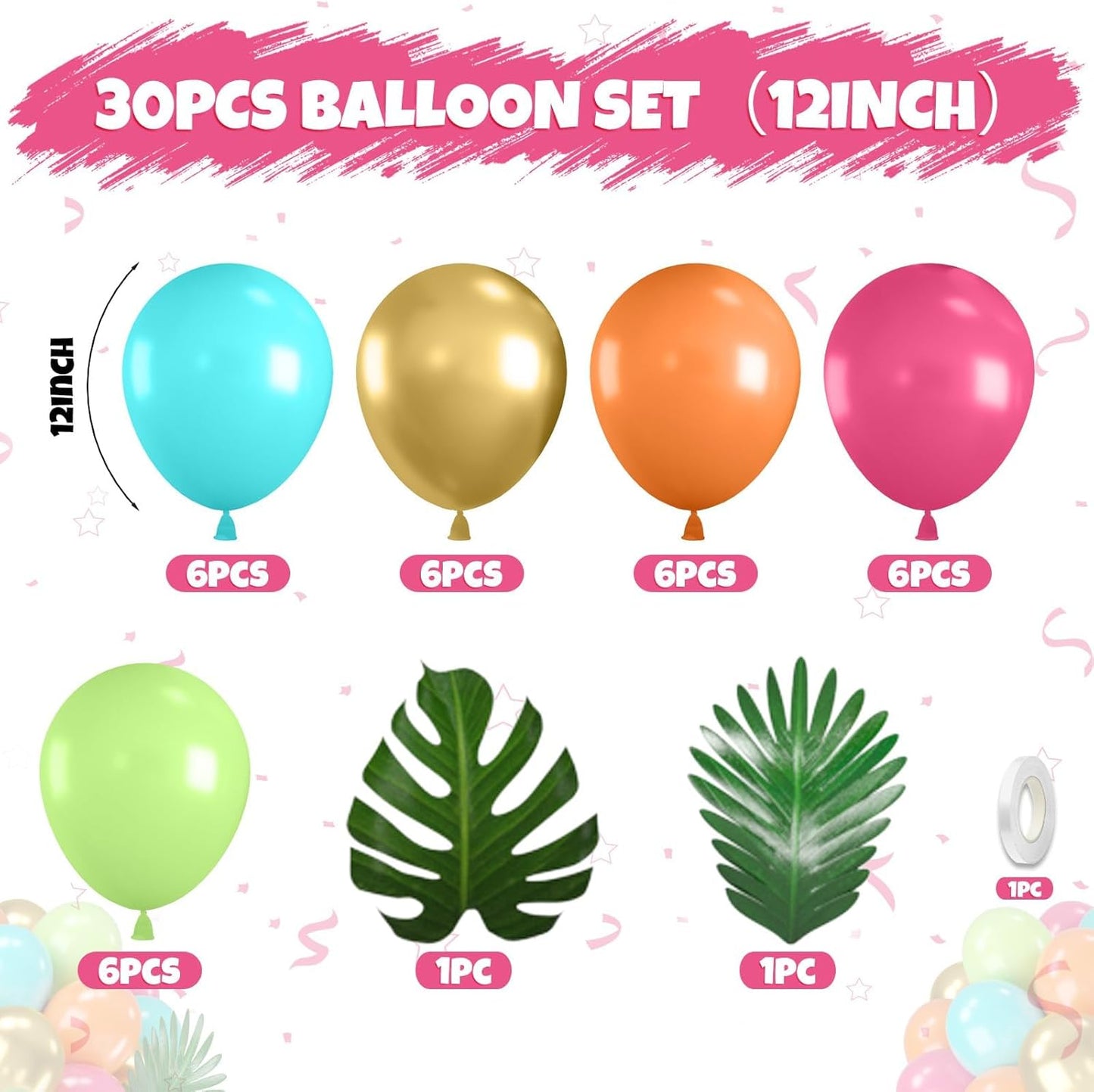 Tropical Balloons, 12 Inch Teal Metallic Gold Orange Pink Hot Fruit Green Balloons with Palm Leaves for Aloha Luau Pool Party Hawaiian Baby Shower Summer Birthday Party Decorations