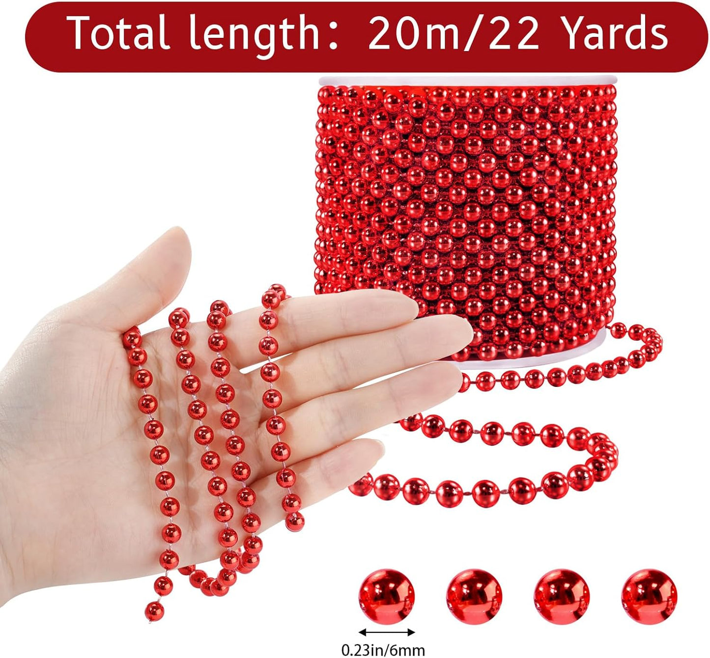 Faux Red Pearl Beads Garland - 6mm Christmas Tree Beads 22 Yards Red Pearl Strands Spool Pearl String Bead Roll for Wedding Party Christmas Tree Decoration