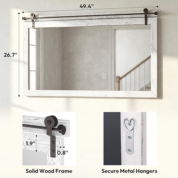 27"x49" Large Whitewashed Barn Door Wall Mirror, Horizontal Solid Wood Framed - Image 4