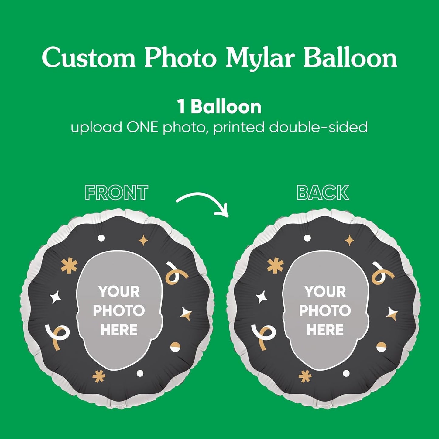Big Dot of Happiness Personalized Fun Face Photo Black & Gold Balloons, Custom Birthday Balloons, Anniversary Decorations, Bachelorette Party Decor, Circle Double-Sided Mylar Balloon, 1 Piece