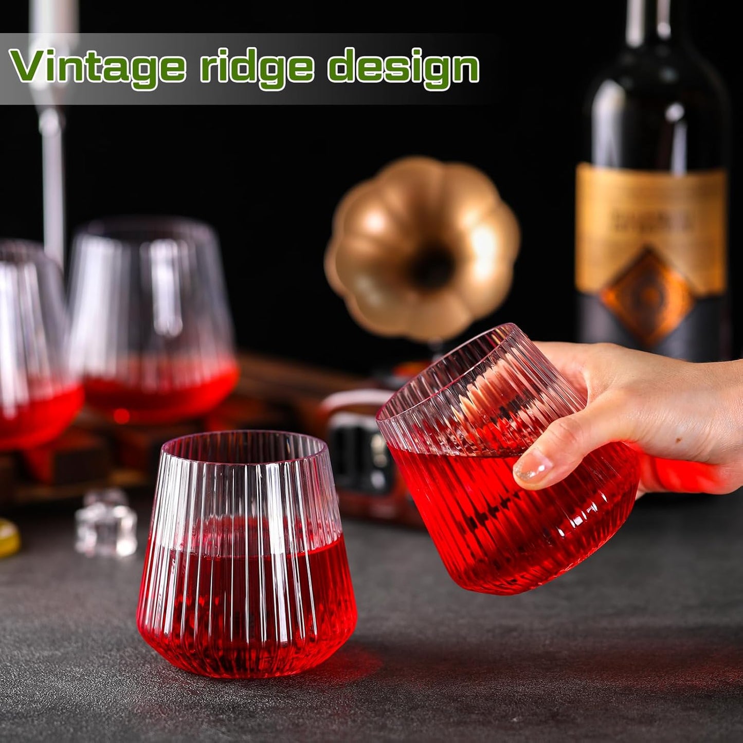 Suclain 60 Pcs Plastic Wine Glasses Ribbed Stemless Wine Glasses 14oz Vertical Design Unbreakable Cups for Outdoor Indoor Vintage Elegant Champagne Whiskey Glasses for Christmas Party Wedding (Clear)