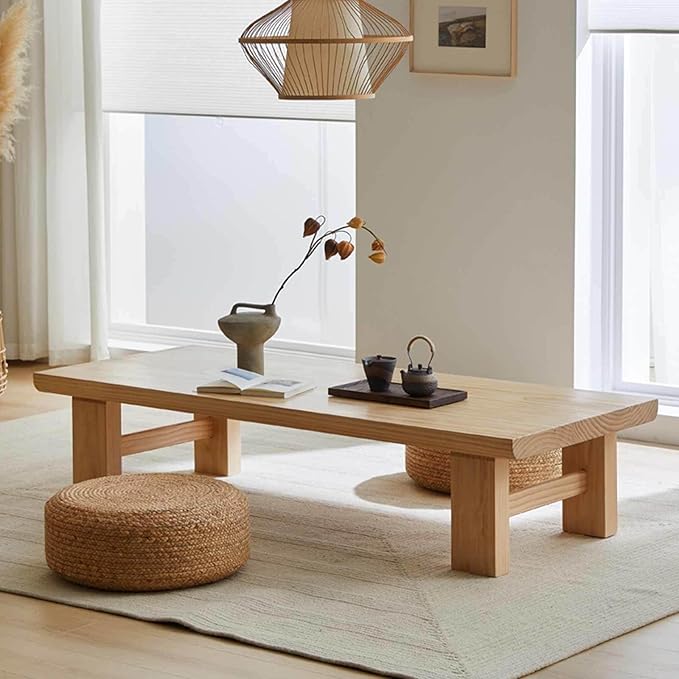 Japanese Solid Wood Coffee Table, 47.2" Low Zen Table, Tatami Style, Natural - Image 6