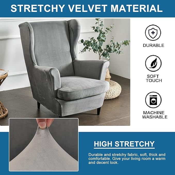 KRFOONN Wingback Chair Cover Slipcovers 2 Piece Stretch Velvet Plush Wing Chair - Image 3
