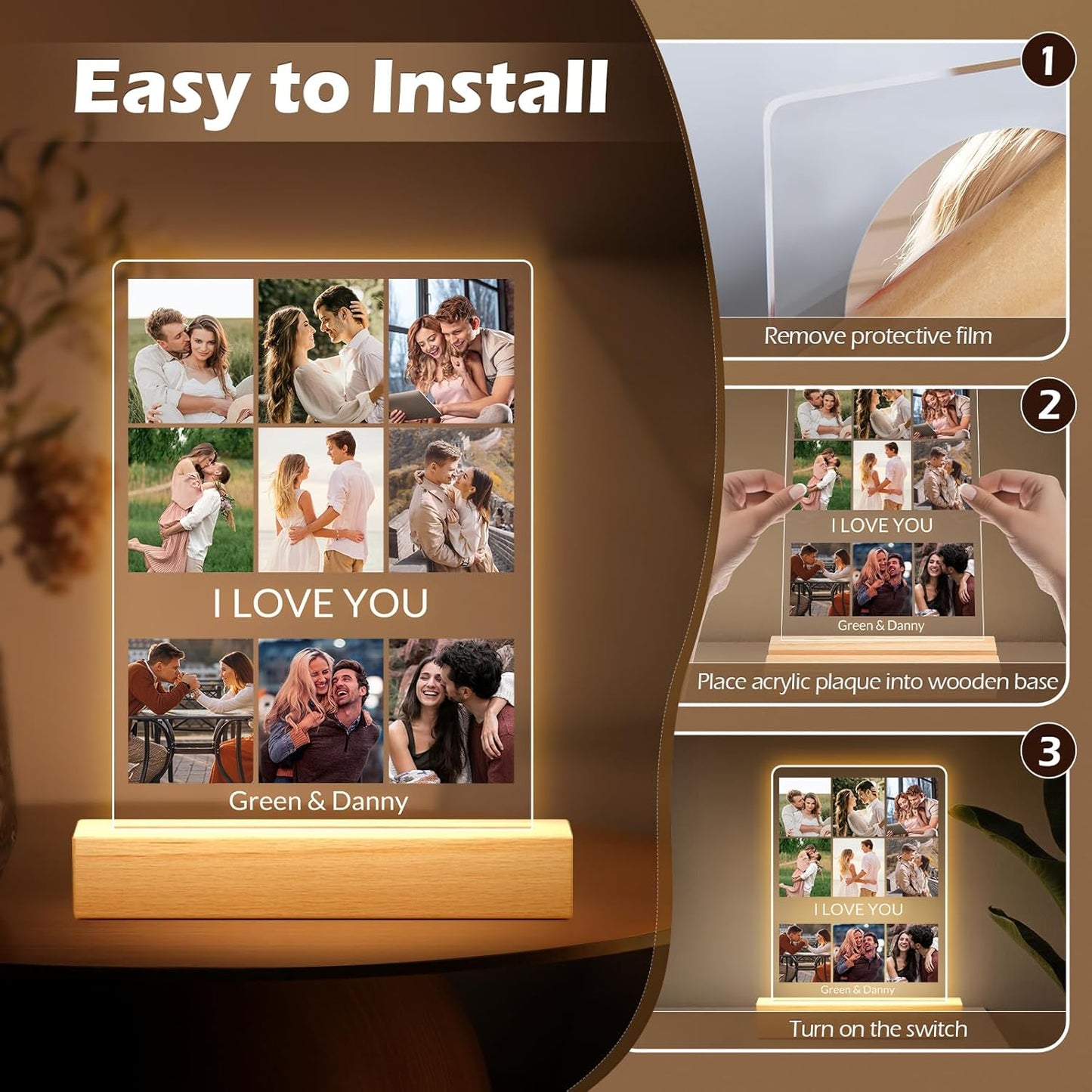 Custom Picture Frames with Photo, Personalized Photo Frame with Night Light, Customized Picture Frame, Personalized Anniversary Birthday Gifts for Women, Men, Him, Her, Girlfriend, Boyfriend, Couple