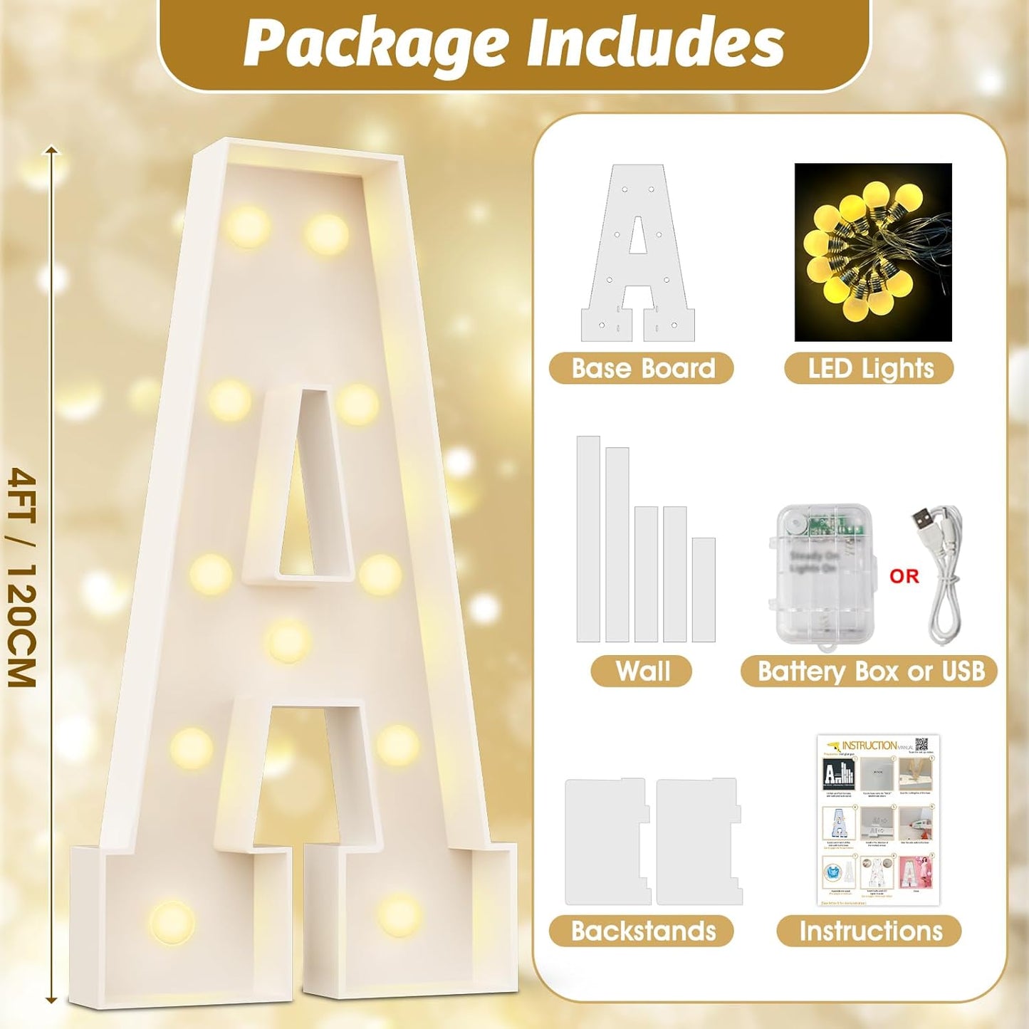 Ledido 4FT Marquee Light Up Letters, Large Light Up Letters for Party Decoration, Marquee Letter for Birthday Graduation Baby Shower Wedding, Pre-cut Foam Board Assembly Required Letter F