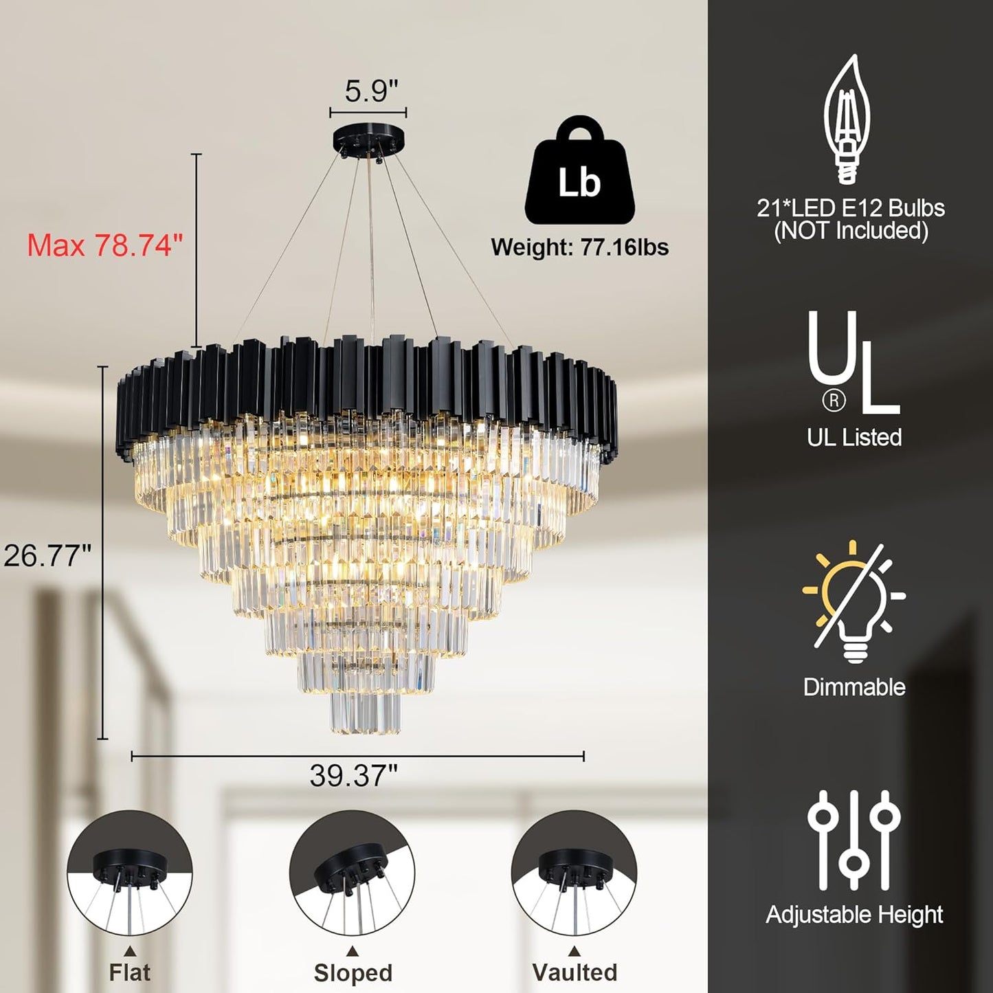 39" Black Crystal Chandelier, 21-Light Modern Luxury Round Chandelier, 7-Tier Contemporary Tiered Chandeliers Light Fixture for Dining Room, Living Room, Bedroom, Foyer, Entryway, Kitchen