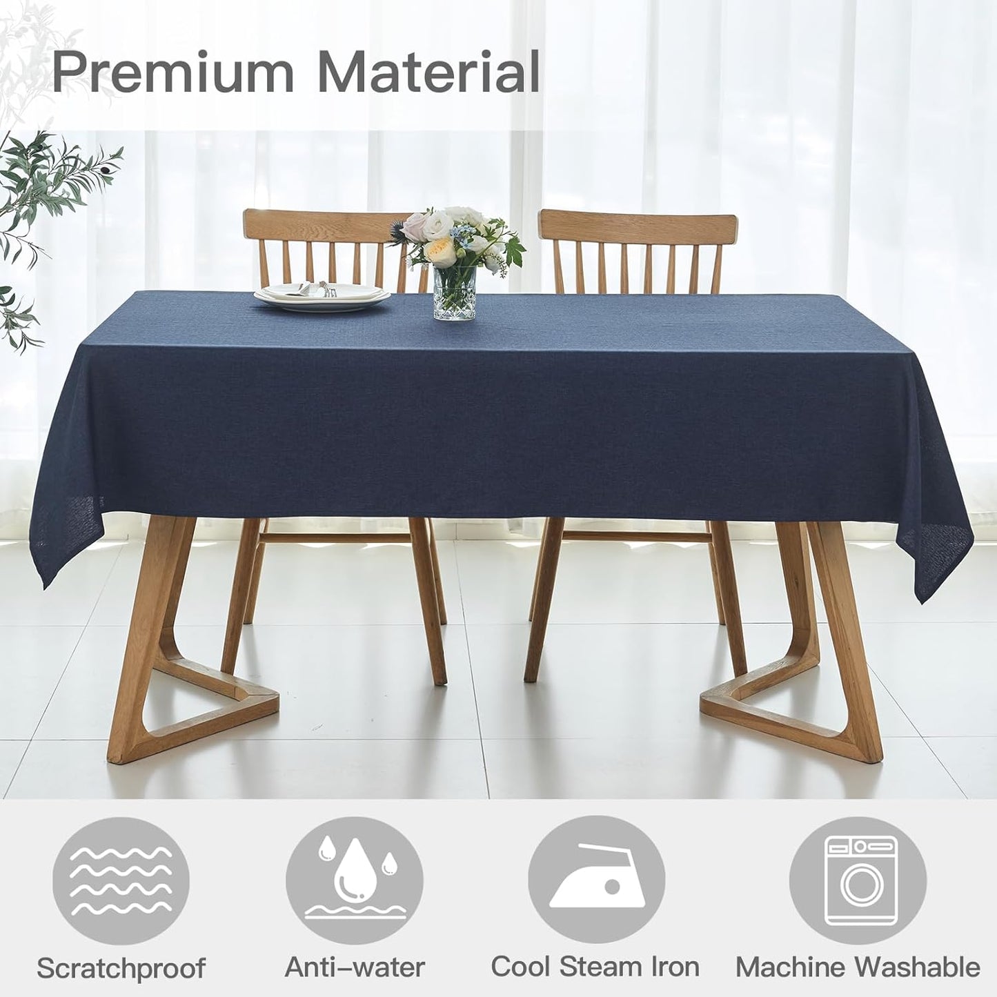 maxmill Linen Textured Rectangular Tablecloth Water Resistant Wrinkle Free Spill-Proof Stain Proof Dining Room Table Cloth Decoration Banquet Party Wedding Holiday Dinner, 52 x 84 Inch, Navy Blue