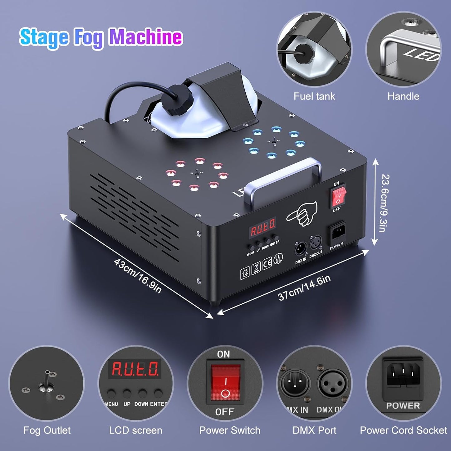 2000W Professional Fog Machine Dual Nozzle with 16 RGB LED, DMX Control Adjustable Smoke Direction, 2.5L Tank LCD Display 30000CFM for Halloween Christmas Stage DJ Party Club Events-4PC
