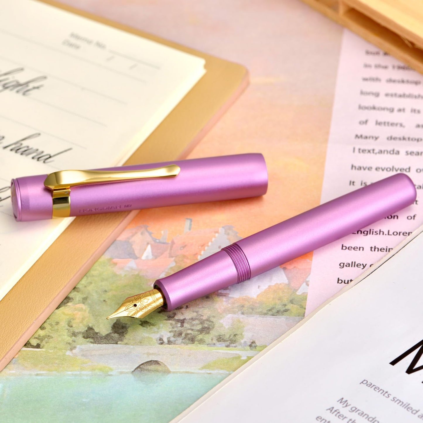 Hongdian M2 Mini Fountain Pen with Extra Fine Soft Golden Nib, Sleek Shape Aluminium Short Pocket Travel Pen (Lilac Purple)