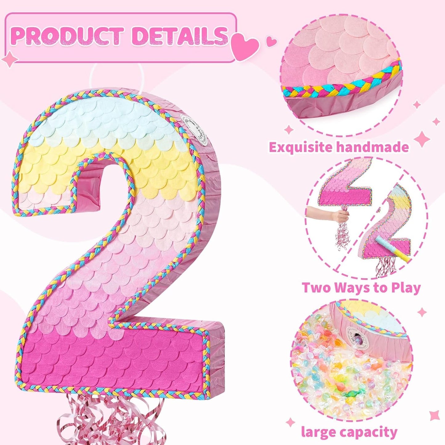WERNNSAI Pink Sweet Two Pinata - Number 2 Pinata Happy Birthday Decoration Pink Rainbow Design Party Games for Girl Princess Baby Shower Party Favor with Blindfold Anniversary Celebration Supplies
