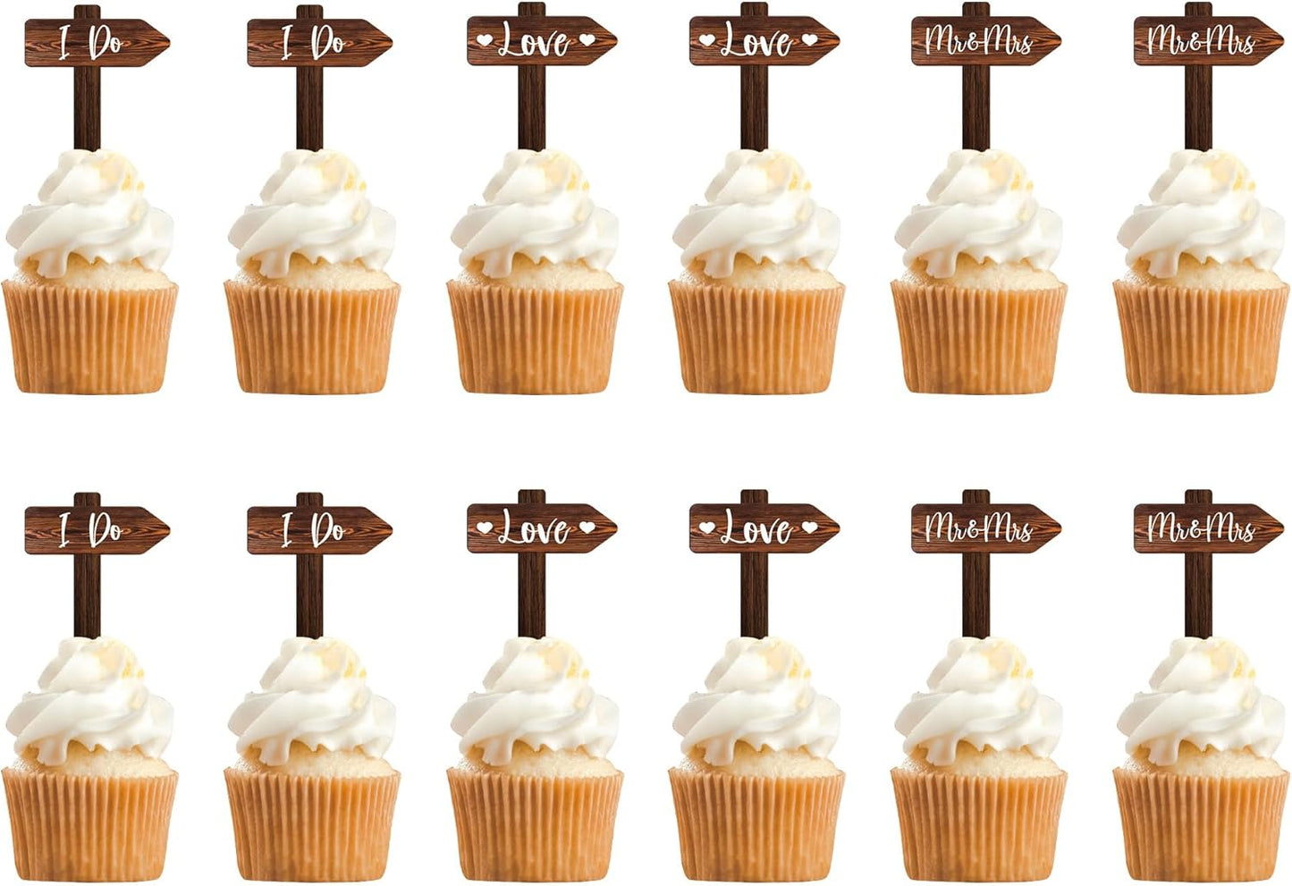 12 PCS Rustic Wedding Cupcake Toppers in Wood Wedding Engagement Cake Decorations