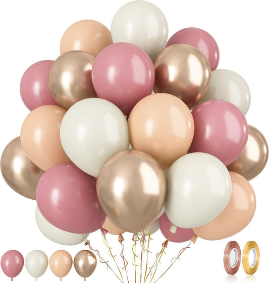 Paready Dusty Pink Latex Balloons, 60 Pcs 12 Inch Nude and Dusty Pink Balloon, Nude and Sand White Champagne Gold Balloons for Birthday Baby Shower Anniversary Wedding Bridal Shower Party Decoration