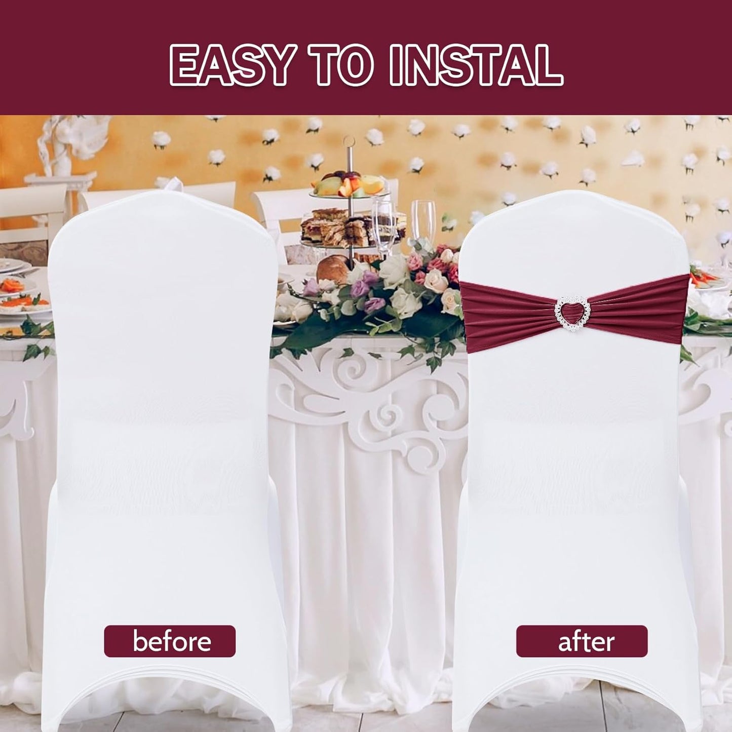 Howhic Pack of 30 Spandex Chair Sashes Bows Stretch Chair Cover Band with Buckle Slider Universal Elastic Chair Ties for Wedding Banquet Party Event Decoration (Burgundy)