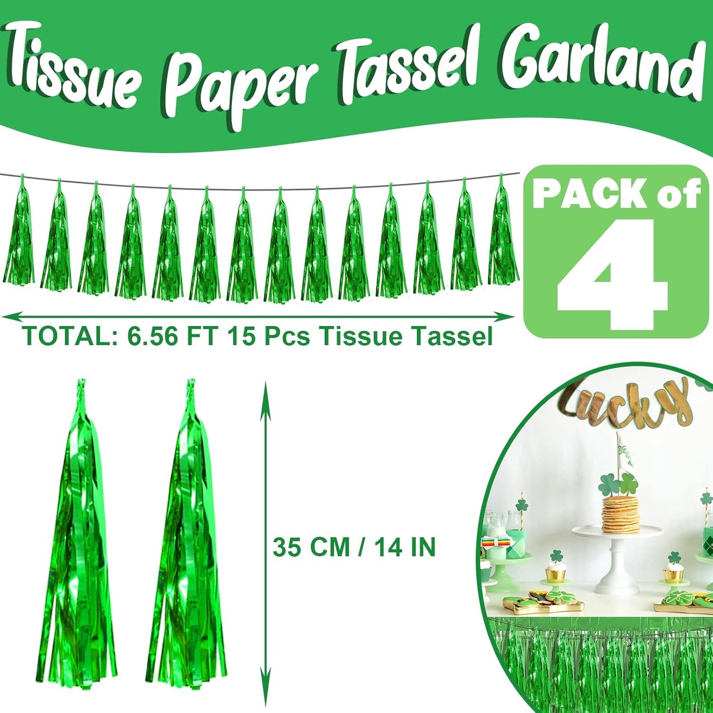 4P Green Foil Fringe Metallic Streamers Banner Tassel Garland for Parade Floats, Bachelorette, Wedding, Birthday, Halloween, Christmas, Bridal/Baby Shower Party Decorations