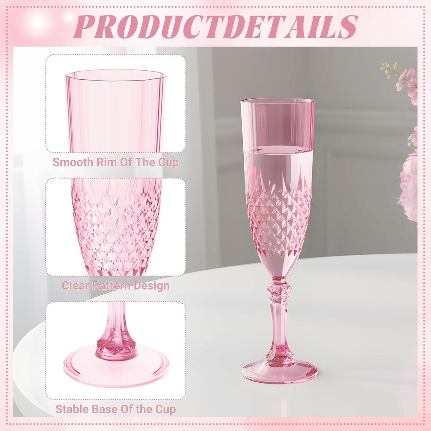 Plastic Champagne Flutes, 12PCS Pink Wine Glasses Goblets Cups Reusable Flute, for Weddings Bachelor Parties Toasting and Events(12, Pink)