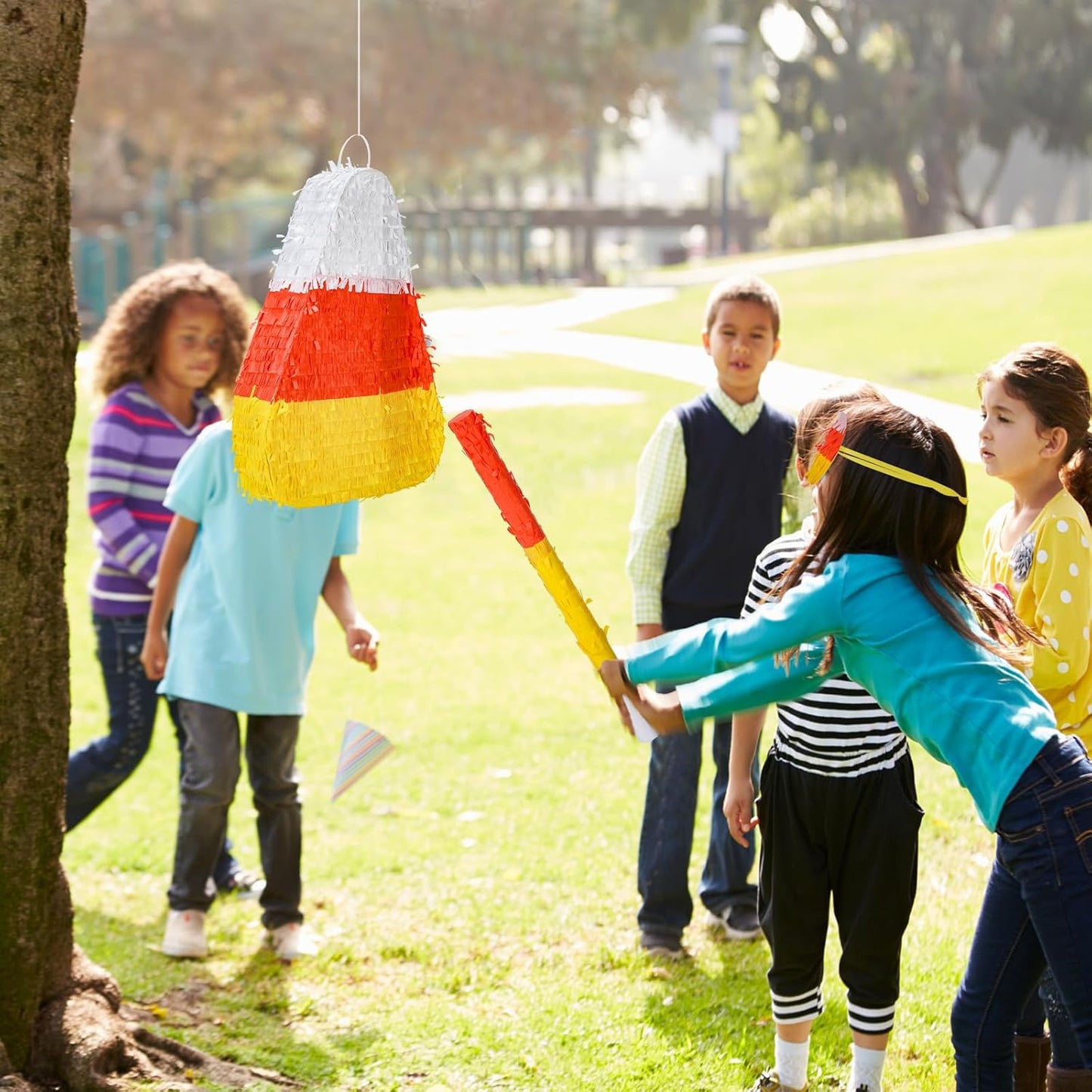 Lenwen Halloween Candy Corn Piñata Halloween Large Piñata with Stick Blindfold and Confetti Party Decorations for Birthday Game Halloween Themed Party Decoration