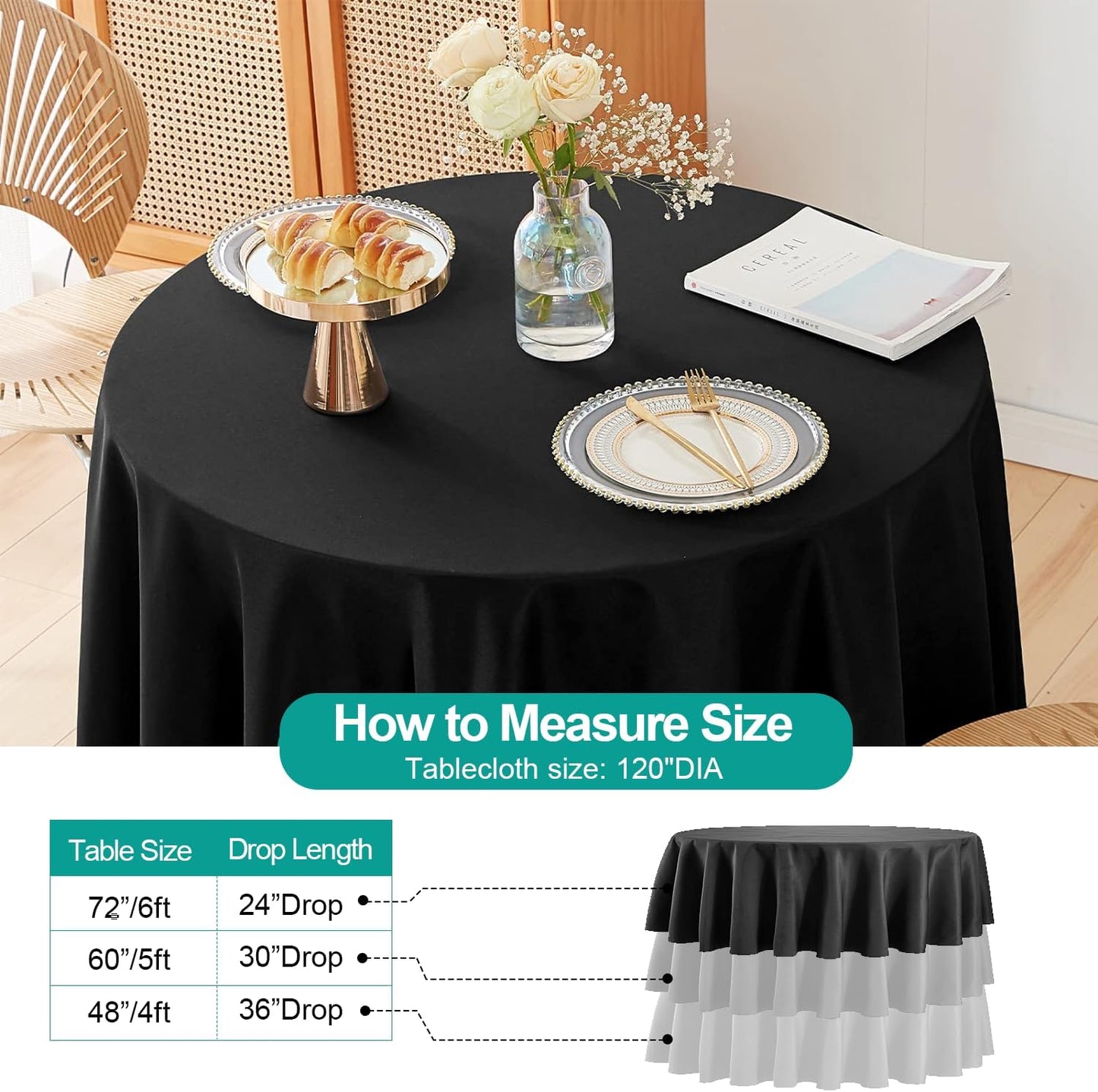 EMART Round Tablecloth Black (1 Pack) 120 inch Circular Polyester Table Cover for Wedding Decor, Birthday Party, Banquet and Formal Events