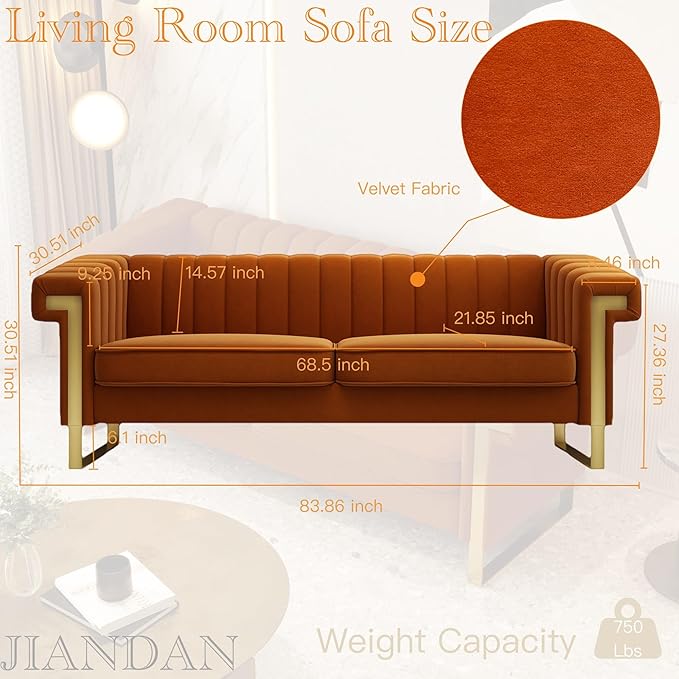 Mid-Century Modern Orange Velvet Sofa - Image 2