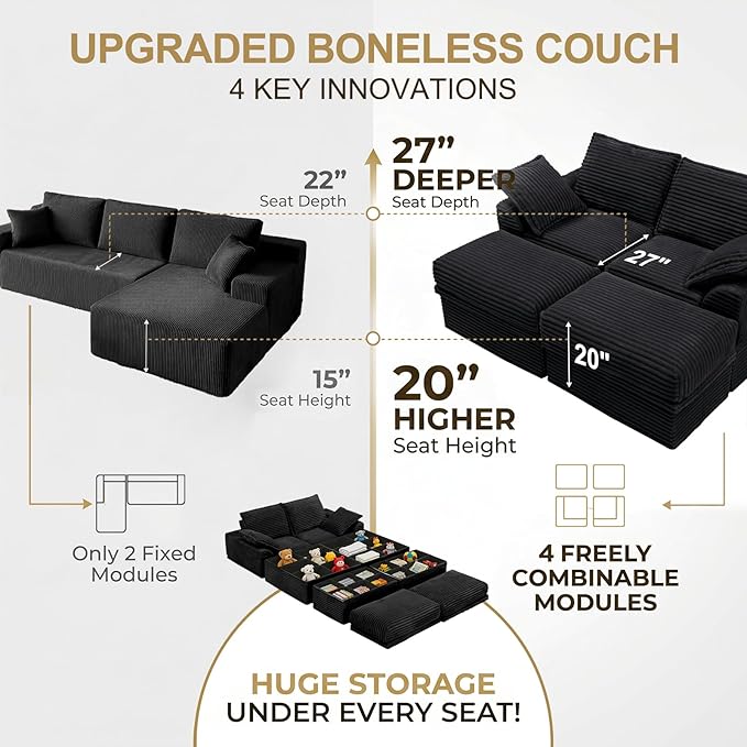 Upgrade Boneless Couch with Storage, Extra Deep&High Seat Modular Sectional - Image 6