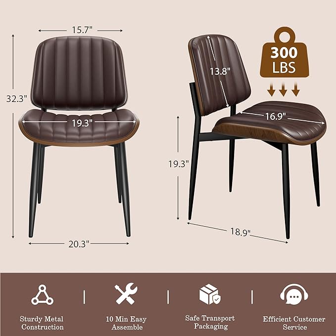 REONEY Dining Chairs Set of 4, Mid-Century Modern Upholstered PU Leather Chairs - Image 2
