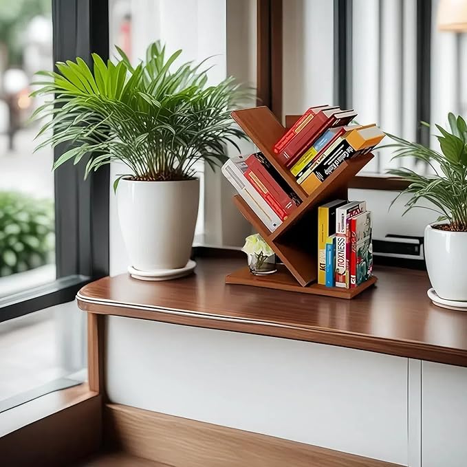 Godferyxin Tree Bookshelf, Small Bookshelf, 3 Tier Wood Mini Book Shelf and - Image 2