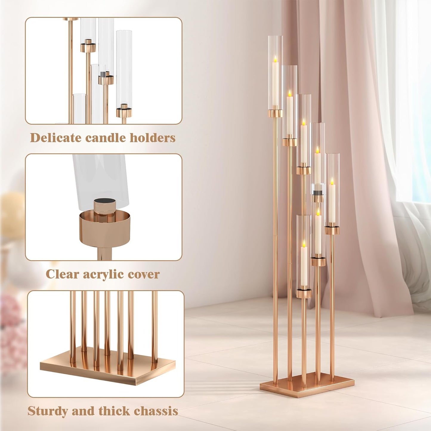 46.5'' Floor Candelabra 7 Arms Floor Candle Holders for Wedding Gold Candle Sticks Holder Decor Metal Candlestick Set with Acrylic Lampshades for Home Party (7 arm Square 46.5in)