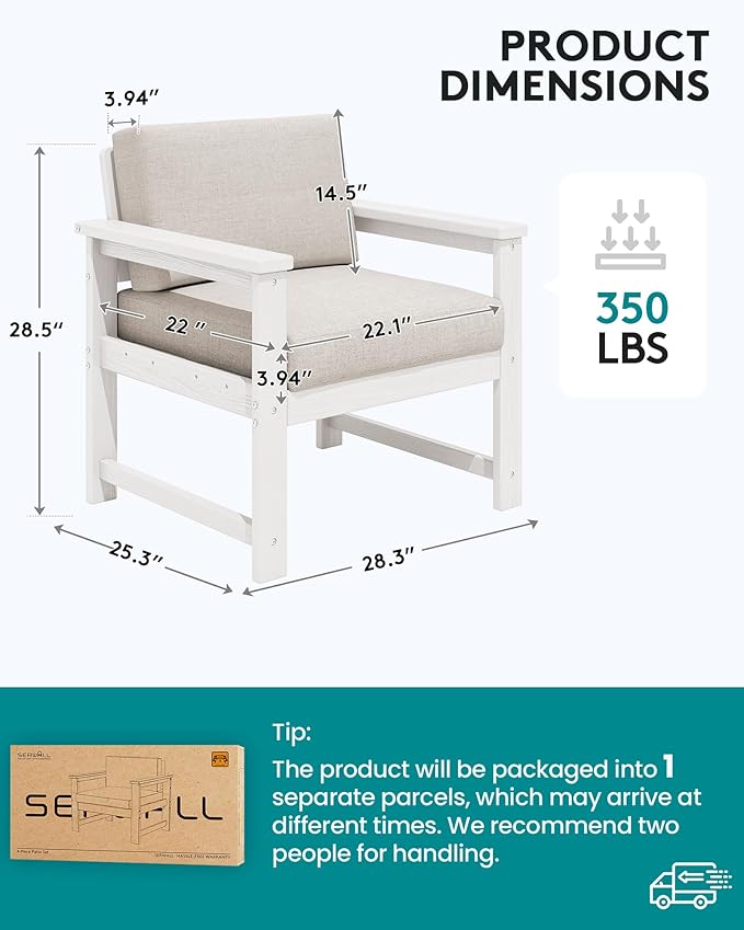 SERWALL 2 Pieces Single Cushioned Lounge Chair, HDPE Outdoor Adirondack Sofa - Image 5