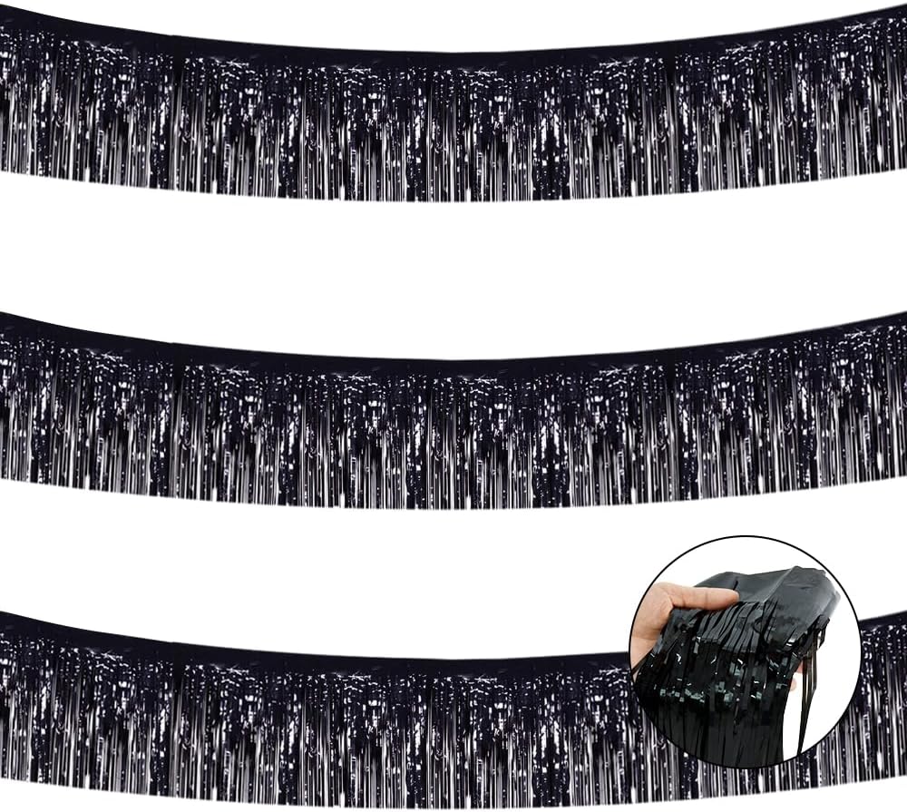 BEISHIDA 3 Packs Metallic Foil Fringe Garland Black Wall Hanging Tinsel Fringe Banners for Car Floats Halloween Bridal Shower Wedding Birthday Easter Graduation Holiday Party Decoration(30 Feet)